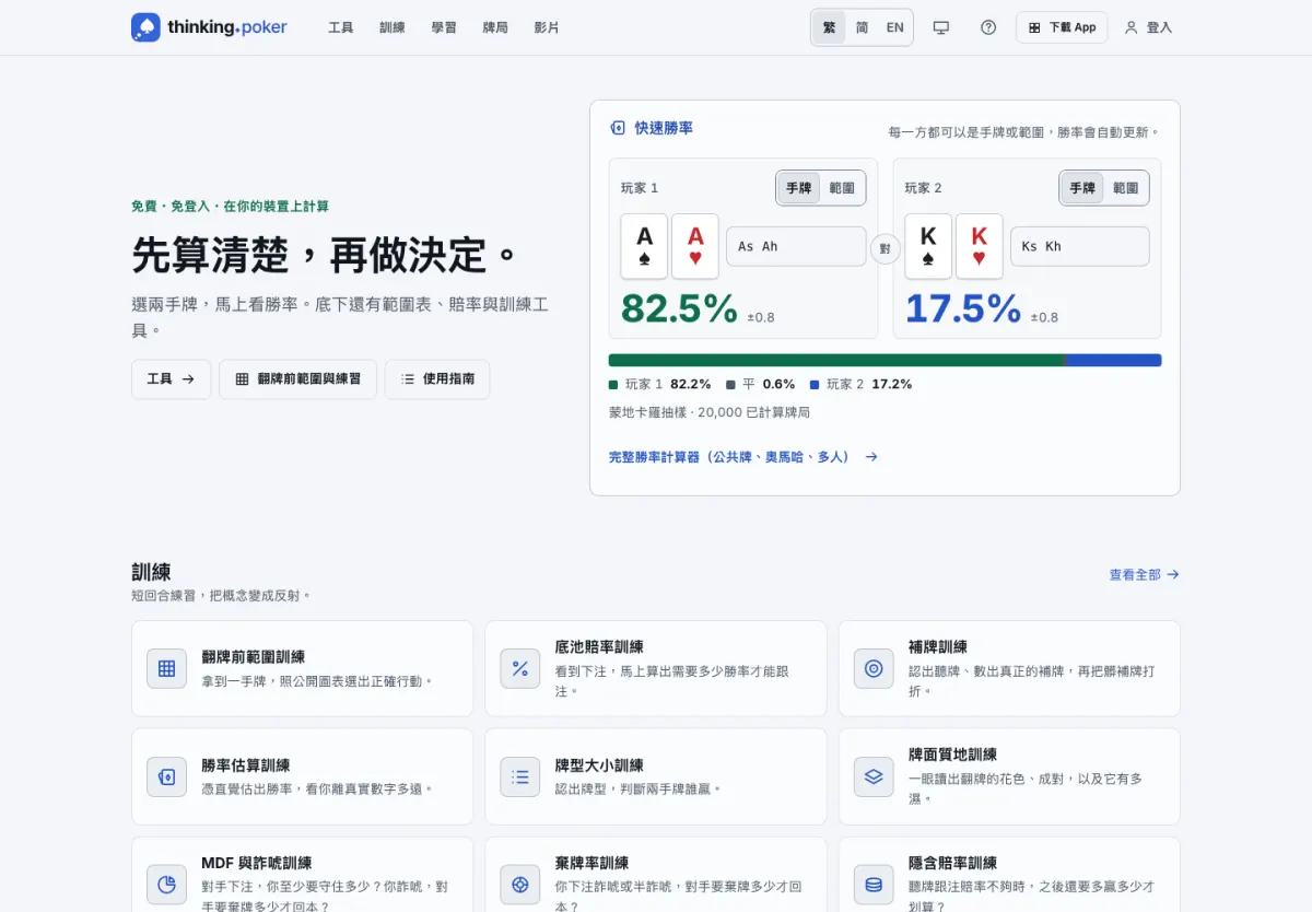 thinking.poker 首頁，快速勝率計算顯示 AA 對 KK